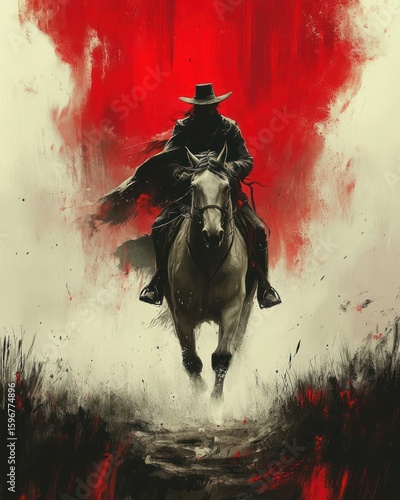 A lone rider in black gallops towards a crimson horizon.