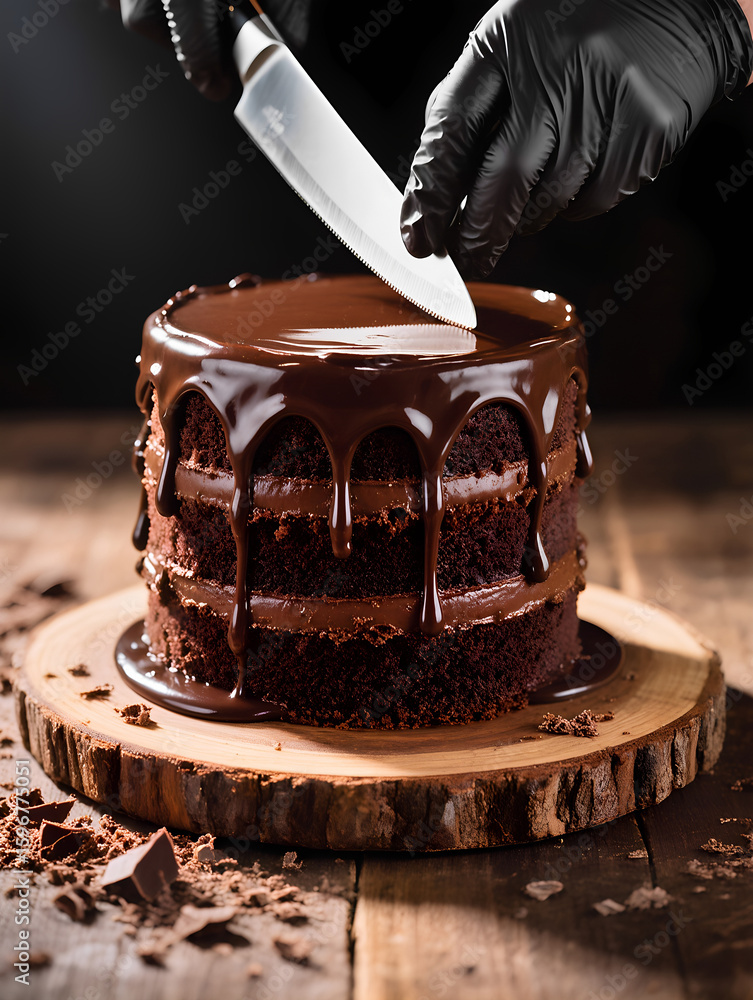 Obraz premium A knife is cutting a chocolate cake