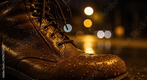 Wet leather boot at night