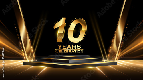 10 Years Celebration Award Background. Recognition Ceremony. Birthday Occation  Achievement. Premium Elegant Graphics. Event Entertainment Spot Light Hollywood Template  Luxury Premium Corporate. 