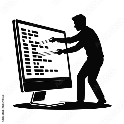 Programmer working on a large computer screen silhouette isolated on white background
