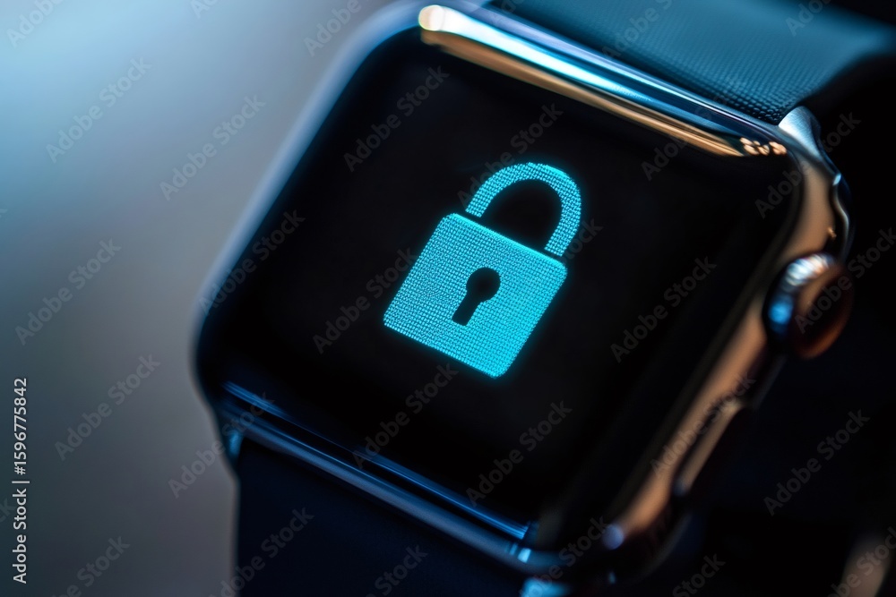 Pixelated glowing padlock icon displayed on smartwatch screen, symbolizing data protection and access control in wearable technology Pixelated glowing padlock icon displayed on smartwatch screen, symbolizing data protection and access control in wearable technology