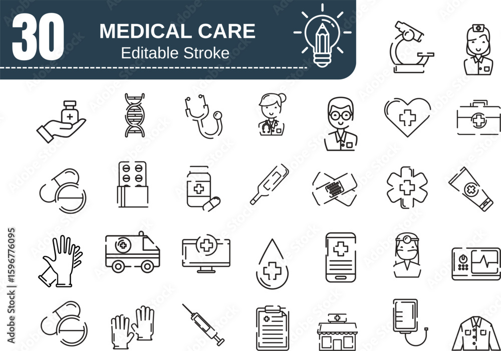 Naklejka premium Medical Heart Line Icon Set – Linear Style Healthcare, Hospital, Treatment, and Emergency Vector Symbols