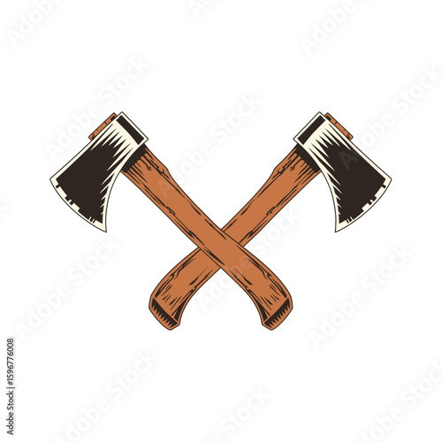 Crossed axes create a rugged graphic element suitable for lumberjack themes, camping logos, or outdoor adventure designs with a vintage aesthetic.