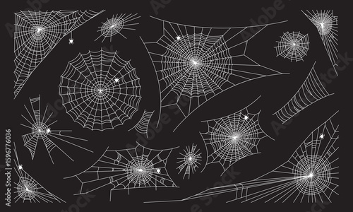 Spider Web Silhouette Collection with Spiders on Black Background