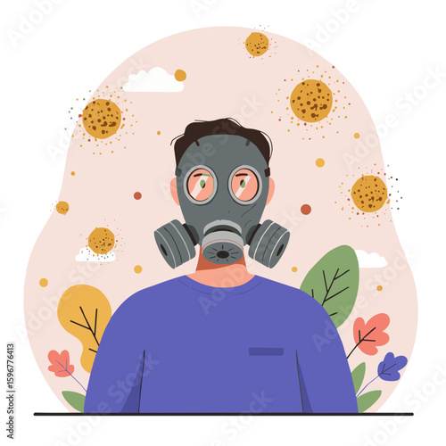 Person in gas mask outdoors with floating pollen, allergy protection concept