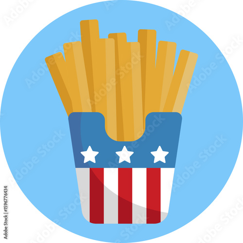 French fries served in a festive container, symbolizing classic American Independence Day food.