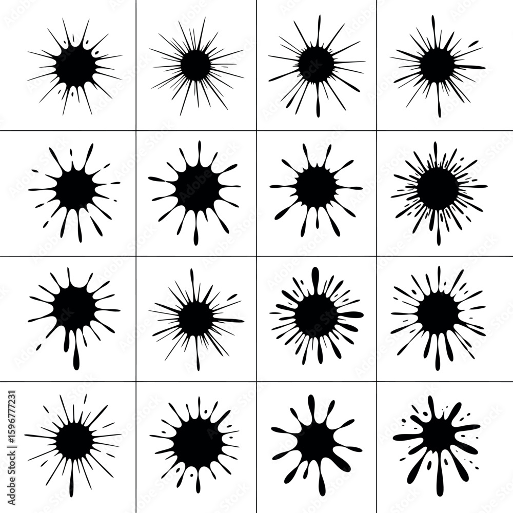 Obraz premium Collection of sixteen black ink splatters on white background ink splash paint splatter