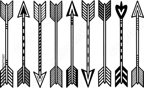 Collection of eight black and white tribal style arrows with varied fletching and shaft designs graphic