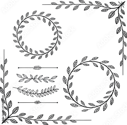 Black leaf vine borders and circular wreaths on white background floral
