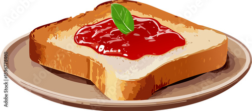 A slice of toast with jam on a plate, garnished with mint leaf