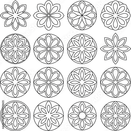 Collection of sixteen black and white circular floral geometric ornaments mandala pattern