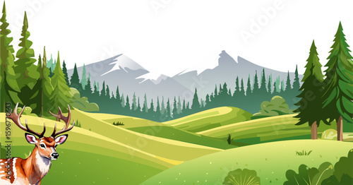 A scenic view of deer with green mountain view. Featuring a majestic deer in a lush forest environment with the scenic mountain background 