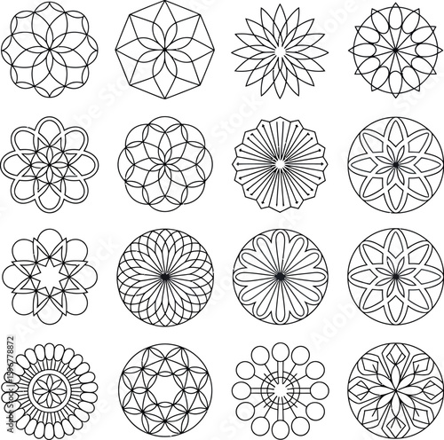 Collection of sixteen geometric circular ornamental patterns vector