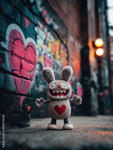 Plush bunny toy with big eyes and red heart stands on graffiti alley floor, creating a playful contrast of urban and character design.