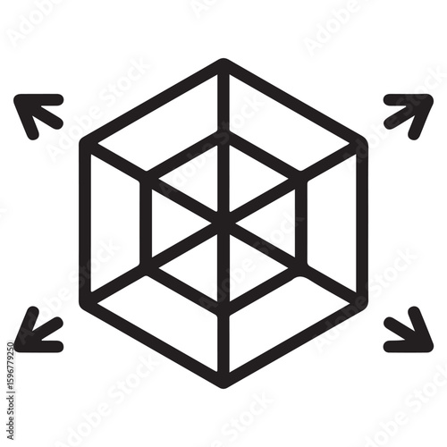 Abstract geometric cube structure with arrows indicating expansion or contraction in all directions