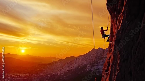 Epic Mountain Climber Silhouetted Against a Stunning Sunset Over Rugged Peaks Adventure Scene