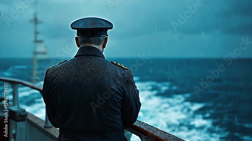 Man gazing at stormy sea from ship