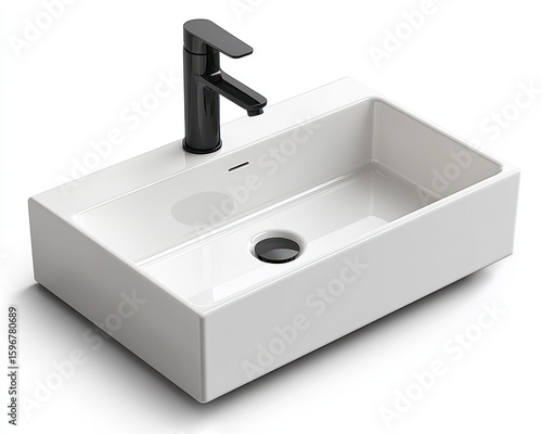 Modern White Rectangular Vessel Sink with Black Faucet