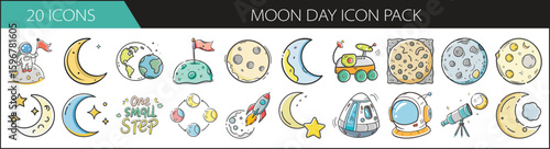 Moon Day icon pack with 20 space-themed illustrations - Vector set of 20 Moon Day icons featuring moons, astronauts, rockets, stars, lunar landers, telescopes, and space exploration elements.
