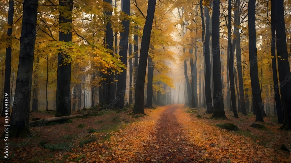 Fototapeta premium Beautiful Autumn in the Forest with Golden Leaves, Crisp Air, and Tranquil Woodland Paths — Vibrant Fall Foliage, Warm Colors, and Peaceful Nature Scenery