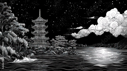 Serene Night at the Pagoda Lakeside