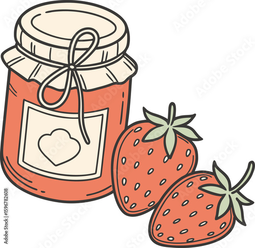 Vector art of a jar of strawberry jam sits beside two fresh strawberries, isolated on white background