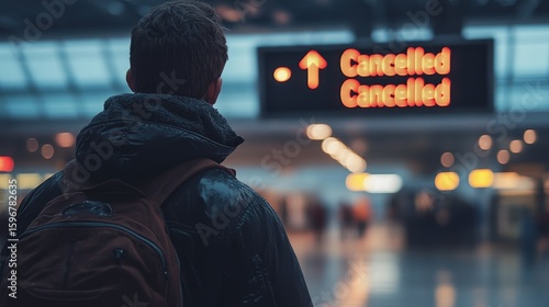 A traveler with a backpack looks at a brightly lit airport sign displaying multiple flight cancellations.