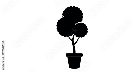 Silhouette of a potted plant with curved leaves on white background