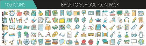 Back to School icon pack with 100 colorful education illustrations - Vector set of 100 back-to-school icons including books, backpacks, pencils, classrooms, supplies, science tools, and learning symbo