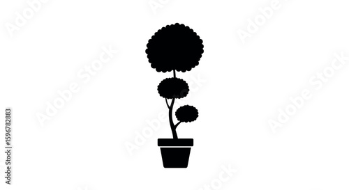 Minimalist black tree silhouette in pot on white background