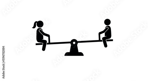 Playful silhouette of children on seesaw in minimalist design