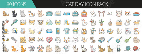 Cat Day icon pack with 80 cute feline illustrations - Vector set of 80 icons celebrating Cat Day, featuring various cat breeds, toys, food bowls, paws, accessories, and playful moments.