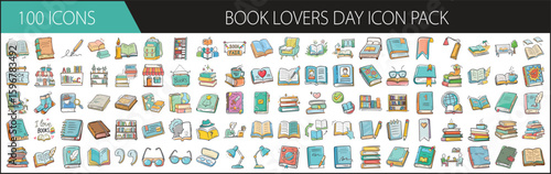 Book Lovers Day icon pack with 100 reading-themed illustrations - Vector set of 100 colorful icons celebrating Book Lovers Day, including books, shelves, reading people, libraries, and cozy setups.