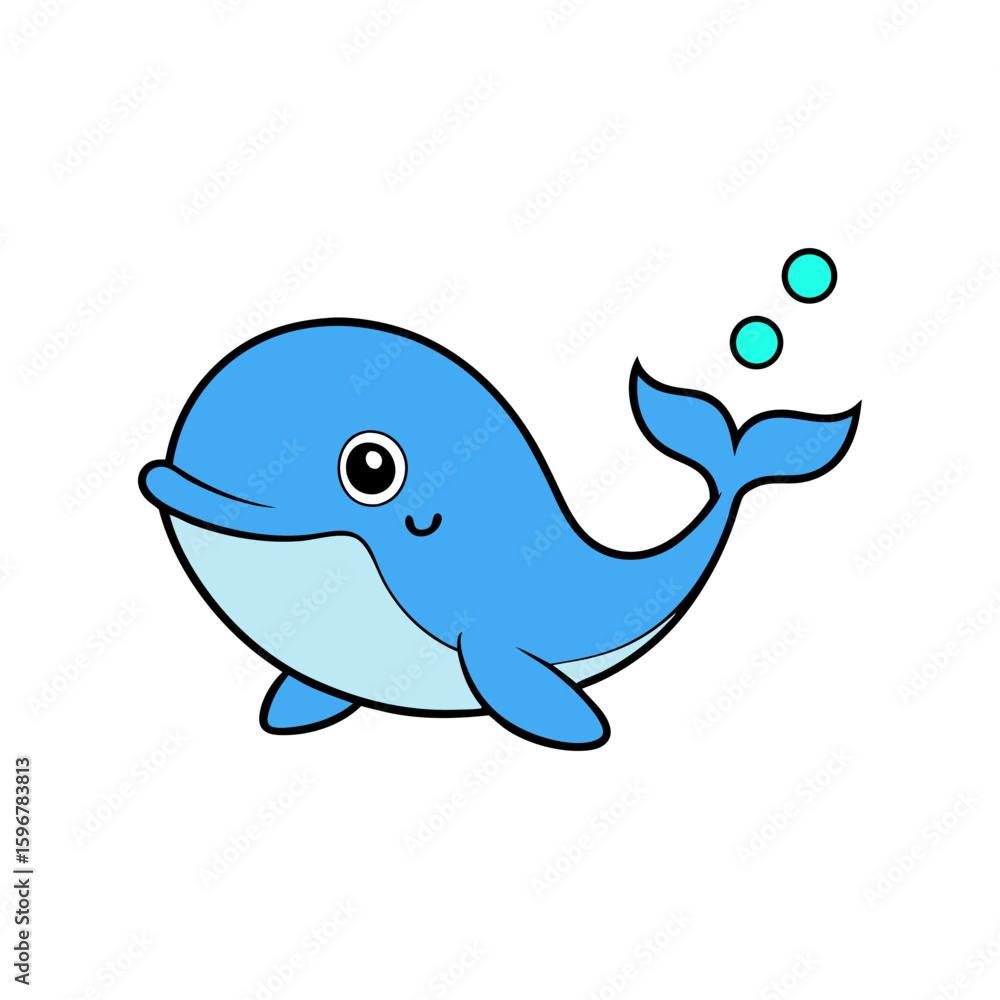 Obraz premium Kawaii Vector of a Smiling Blue Whale with a Water Spout