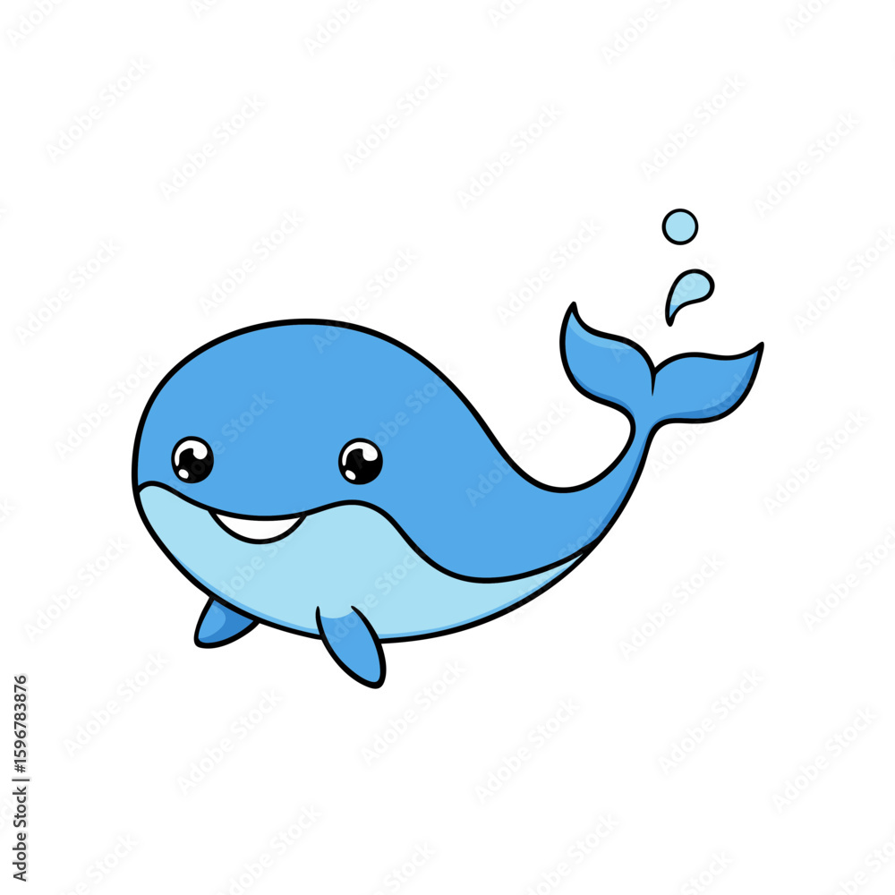 Obraz premium Kawaii Vector of a Smiling Blue Whale with a Water Spout