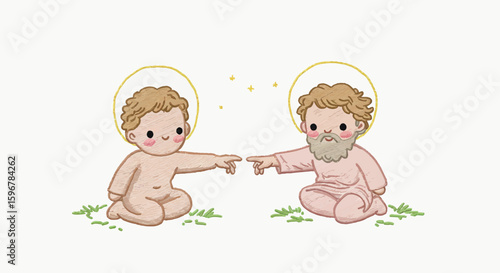 Cute cartoon creation scene with two characters touching fingers