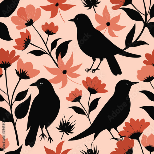Vibrant Tropical Bird and Leaf Pattern Seamless Design