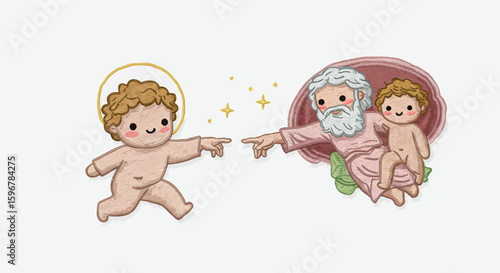 Cute cherub and old man with beard in whimsical cartoon style art