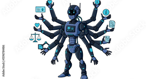 Multifunctional robot with multiple arms balancing information and tasks in futuristic design