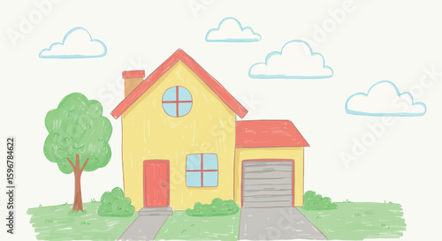 Charming hand drawn house in pastel colors with cloudy sky