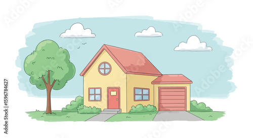 Charming hand-drawn cottage with garage and lush greenery under a blue sky