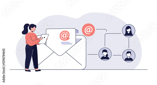 Email communication concept with woman sending messages in flat design