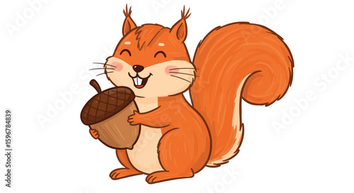 Cheerful cartoon squirrel hugging nut with bright orange tail