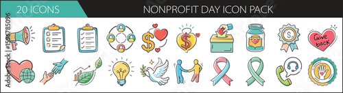 Nonprofit Day icon set with 20 charity and awareness symbols - Vector icon pack of 20 nonprofit-themed illustrations including hearts, donations, ribbons, teamwork, hands, badges, and fundraising symb