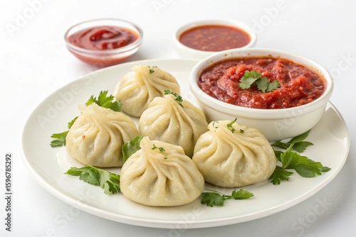 Traditional dumpling momos food from Nepal served with tomato chutney in plate isolated.