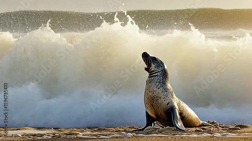 Majestic seal roars against backdrop of crashing waves on sandy beach coastline