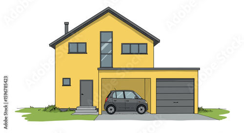 Modern yellow house with garage and car in flat design