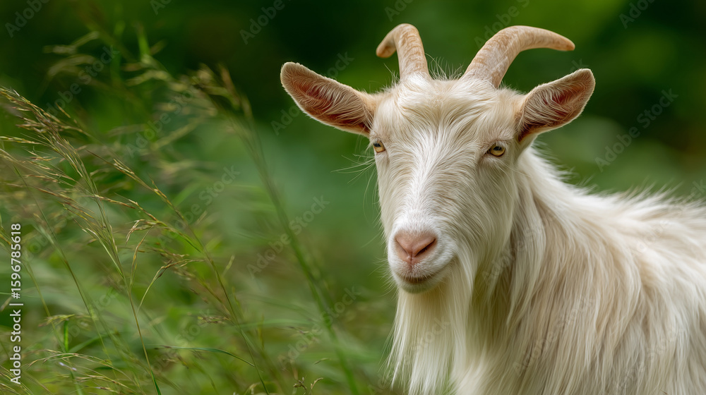 white goat with green grass background white goat with green grass background
