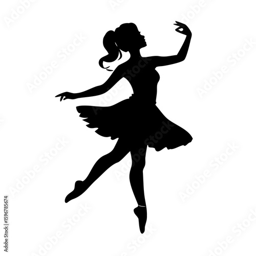Black Silhouette of Young Woman Dancing in Short Skirt and Pointe Shoes – Ballet Dancer on White Background

